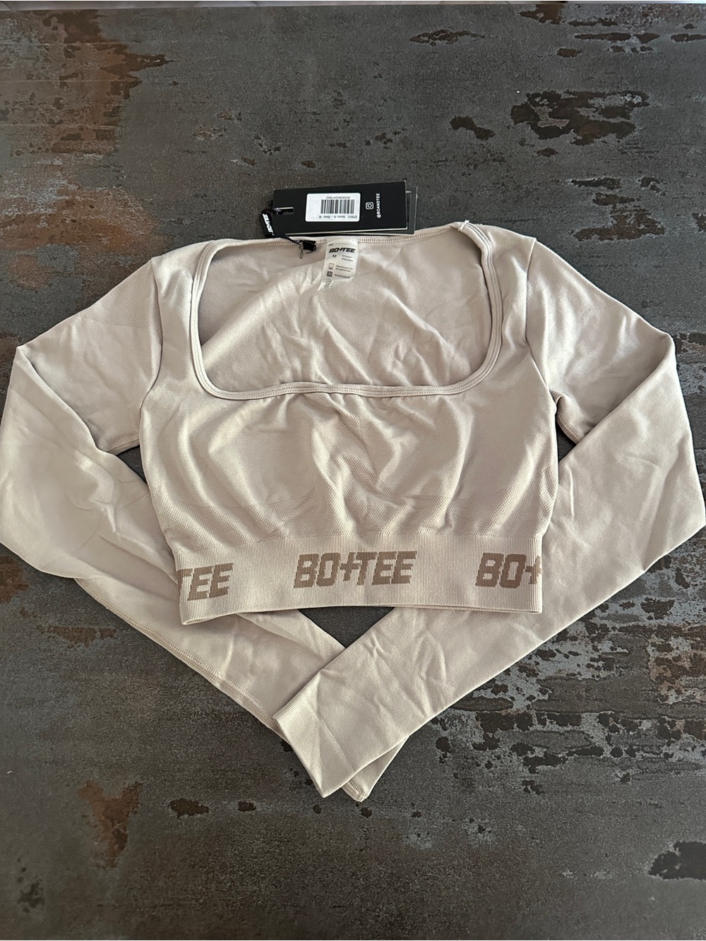 BO+TEE Beige Long Sleeve Square Neck Crop Top